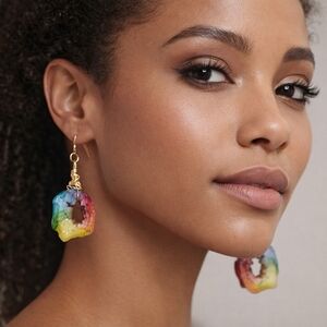 Handmade Colorful Real Geode Gold Drop Earrings